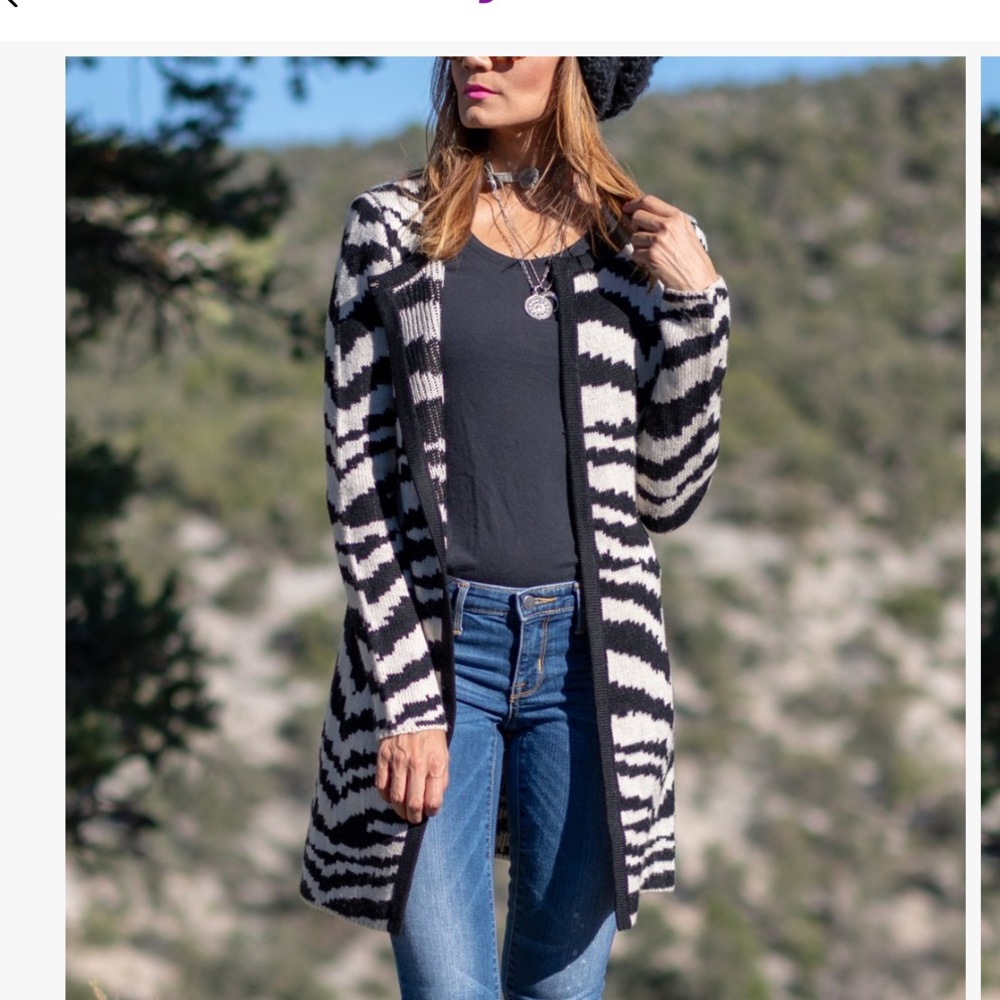 Zebra cardigan-black striped/light beige color 33” Long- Super cute/stylish NWOT